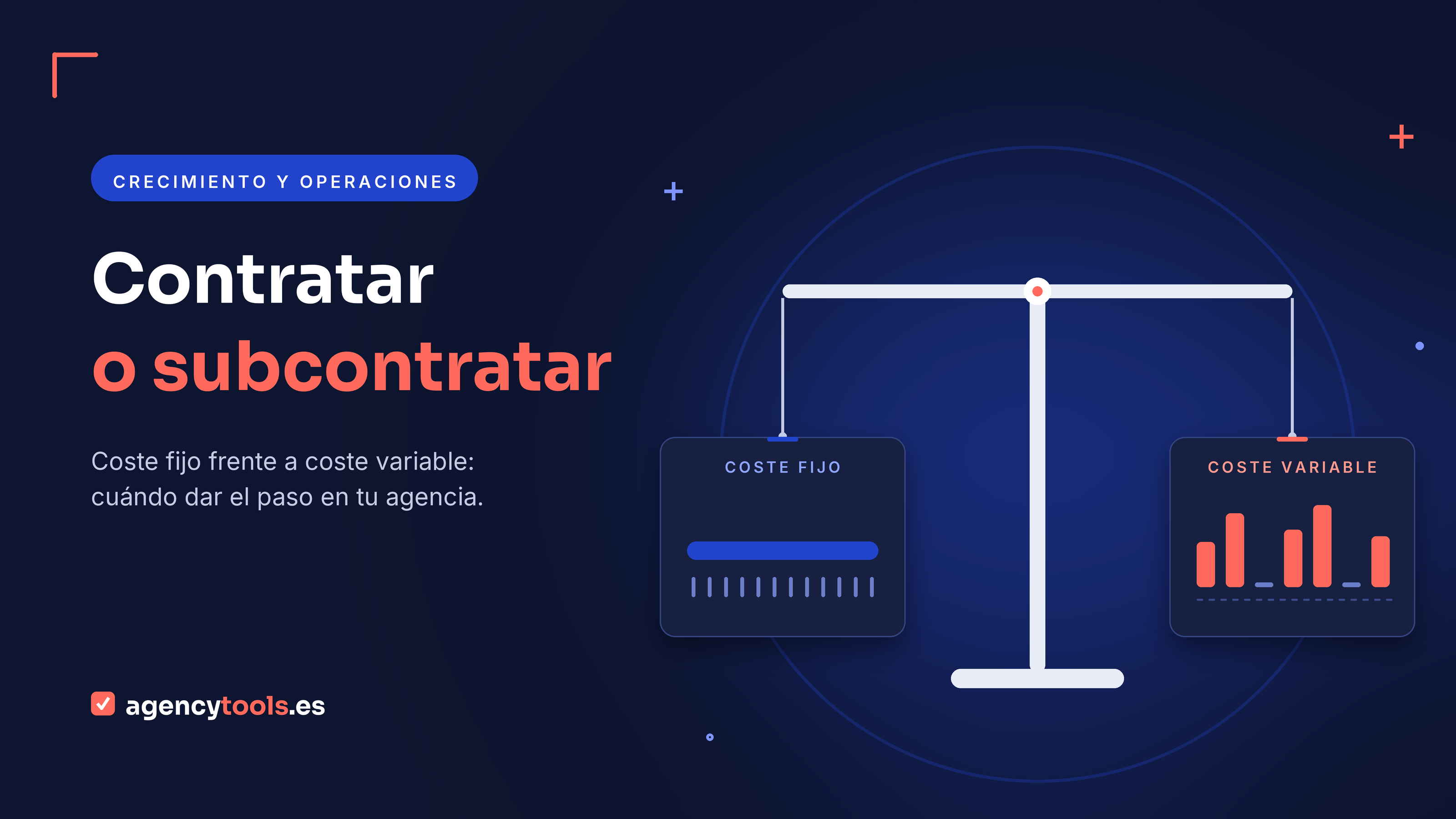 Balanza que compara el coste fijo de contratar a un empleado en una agencia de marketing frente al coste variable de subcontratar la producción