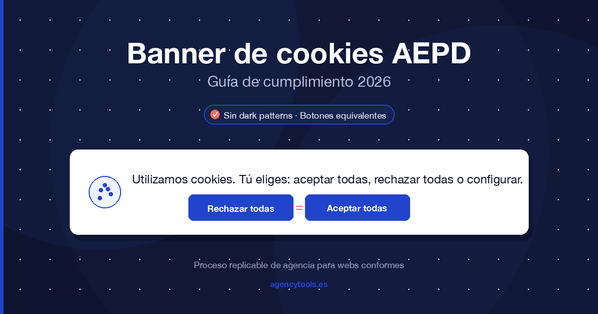 Panel de cumplimiento del banner de cookies AEPD con botón de rechazo al mismo nivel