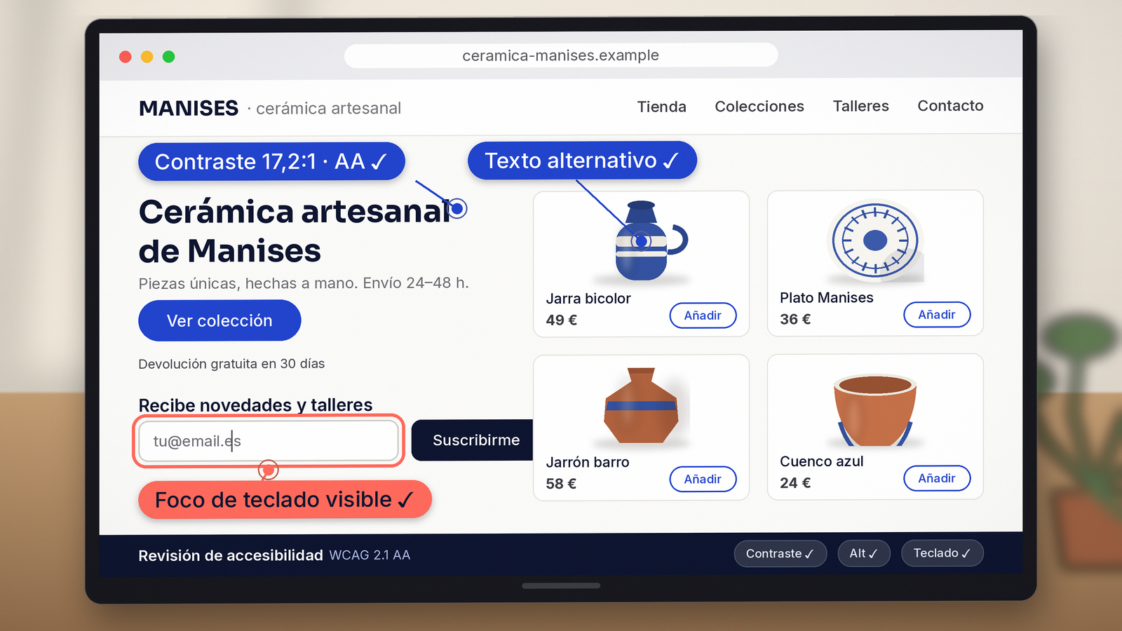 Pantalla de una tienda online española con marcadores de revisión de accesibilidad sobre contraste, texto alternativo y navegación por teclado